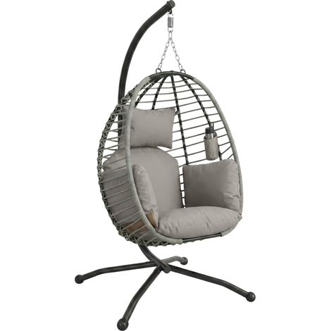 Hängesessel mit Sitz- und Rückenkissen, faltbarer Sitzkorb und Becherhalter Metalgestell Grau, vielseitige Hängeschaukel
