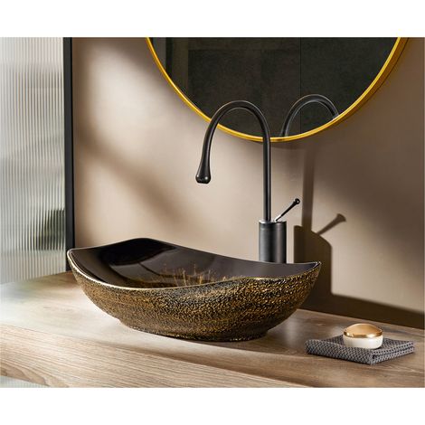 MEJE Lavabo ovalado de porcelana y cerámica con borde dorado, estilo vintage, 56 x 40 cm