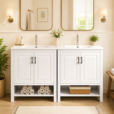 Meuble-lavabo autoportant blanc laqué, 76,5x47x83 cm, vasque céramique intégrée, armoire 2 portes, rangements variés, étagères ouvertes. (1/5)