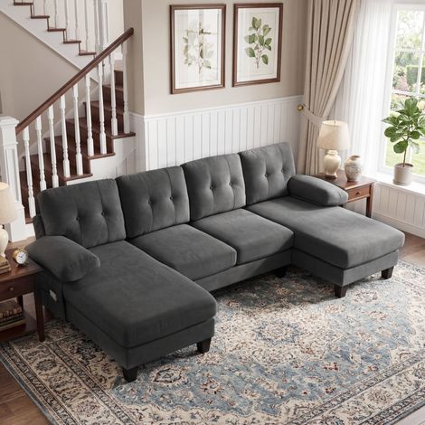 Divano con chaise longue doppia in chenille 268 cm OKMYHOME (1/5)