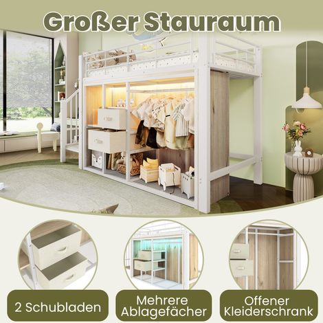 Lit mezzanine 90x200 cm avec 2 tiroirs, penderie, éclairage LED RGB, étagères intégrées, sans matelas, blanc, structure bois, rangement optimisé (1/5)