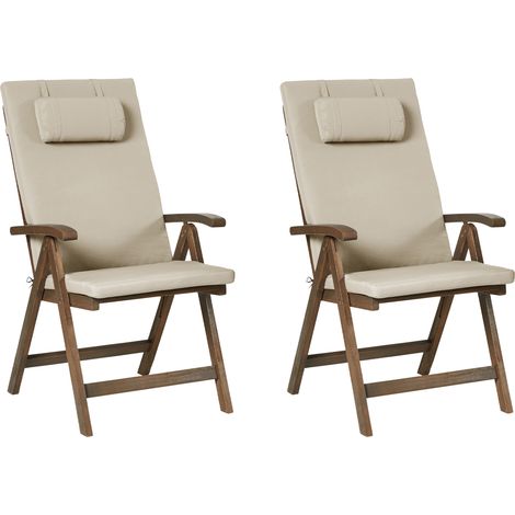 Conjunto de 2 sillas de jardín rústicas de madera de acacia natural ajustables plegables con reposabrazos cojines gris pardo Amantea Premium