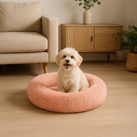 belviona Donut-Hundebett, kuscheliges Plüschbett mit weicher Füllung, sicherem Halt & ergonomischem Rand, 50 cm Durchmesser, altrosa (1/4)