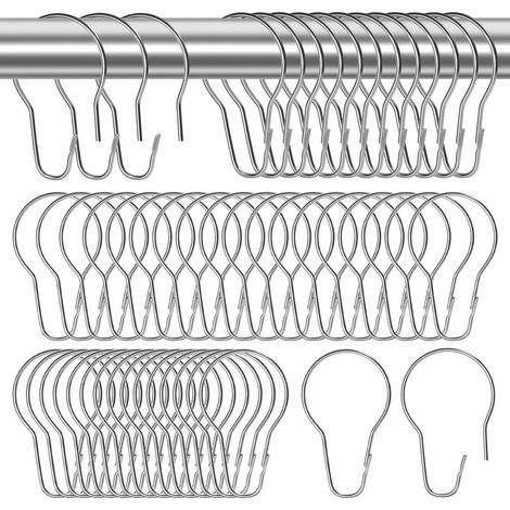 50 Pieces - Shower Curtain Rings - Stainless Steel - Easy Opening Without Disassembly - For Bathroom and Wardrobe - Silver - 70x40mm (1/5)