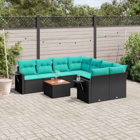 Teenpull – 9-teiliges Gartensofa-Set mit Kissen, schwarzes Polyrattan (1/5)