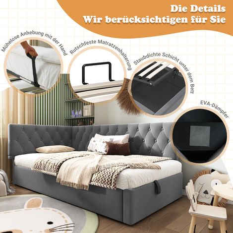 Lit Tiroir 90x190cm, Canapé-Lit avec Coffre Hydraulique, Sommier en Bois, Velours Gris, BZ pour Enfant Ado, sans Matelas (1/5)