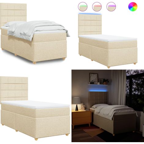 Cama box spring con colchón tela color crema 90x190 cm - Colchón de muelles ensacados - Cama con luz LED