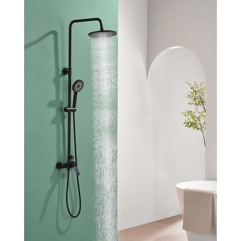 Douche à effet pluie avec robinetterie noire, kit complet avec douche à effet pluie de 23 cm, pommeau de douche à 3 types de jet, robinet de douche, en (1/5)