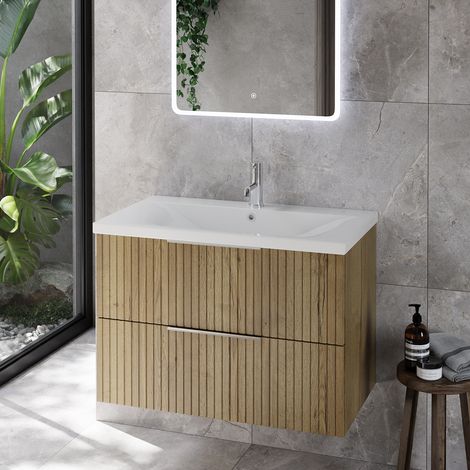 Helix 460 Fluted Autumn Oak 600mm Wall Mounted 2 Drawer Vanity Unit with Glide Basin