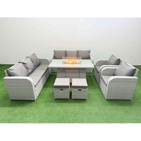 Fimous PE Rattan High Back Lounge Sofa Set Patio Firepit Dining Table & Chairs Set with 3 Seater Sofa Reclining Chair Stools Light Grey (1/4)