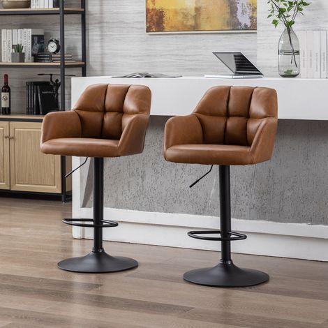 Wahson Set of 2 PU Leather Bar Stools with Arm, Modern Height Adjustable Swivel Breakfast Stools for Kitchen, Home Bar & Restaurant, Brown (1/5)