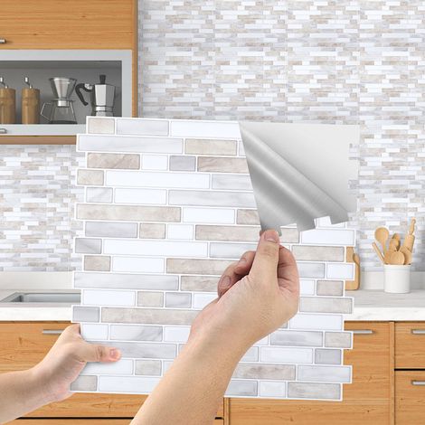 TolleTour Stickers carrelage mosaïque blanc/marron 10 pcs PET étanches cuisine salle de bain