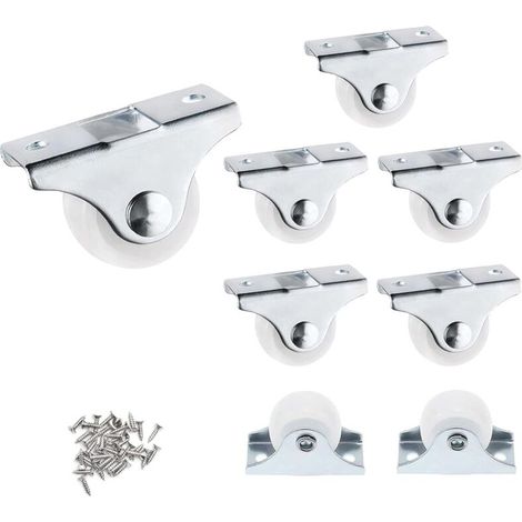 Set mit 8 Lenkrollen, 2,3 cm, aus Kunststoff und Edelstahl. Schraubbefestigung. Für Möbel und leichte Transportwagen.