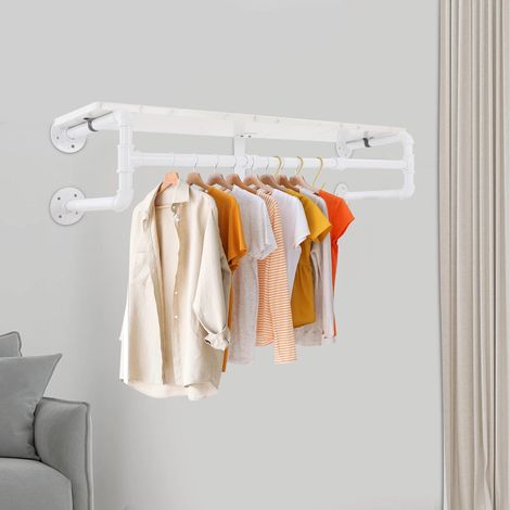 White Wall Mounted Coat Rack with Shelf, Industrial Pipe Style, Holds 66lbs