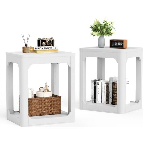Lot de 2 tables d'appoint blanches avec double niveau, plateau épais 3 cm et rangements ouverts pour salon, chambre ou bureau, design minimaliste  CHICFURN (1/5)