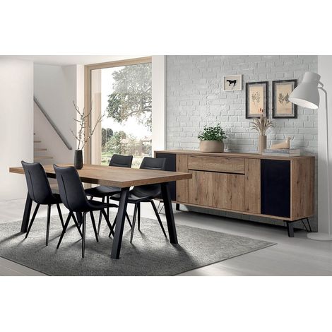 Altobuy – Ensemble salle à manger buffet 4 portes + table 200 cm – Piètement métal noir – Effet bois naturel et noir – Éclairage LED inclus (1/5)