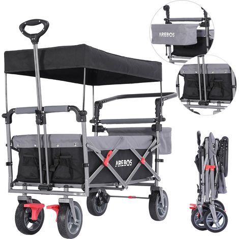 AREBOS Carro de Mano Premium con Techo Plegable Carro de Jardín 100 kg Negro/Gris
