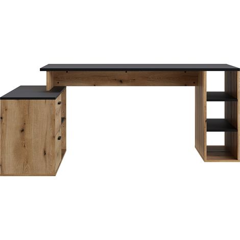 Bureau d'angle en mélamine coloris imitation chêne artisan / noir mat - Longueur 183  x profondeur 141 x Hauteur 75 cm (1/5)