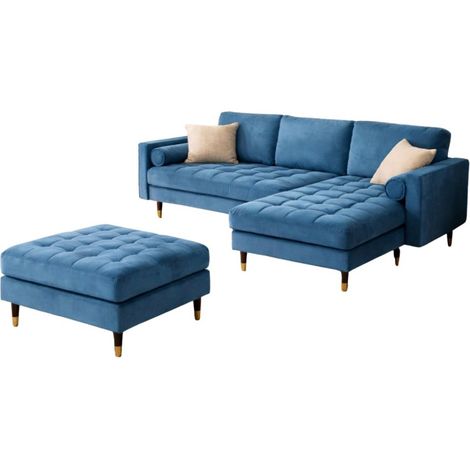 Ecksofa KOLIRI blau mit Hocker – Designersofa aus Samt mit Massivholzstruktur