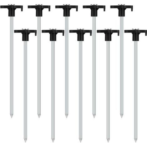 Lot de 10 piquets de tente stables - Piquets de tente résistants aux tempêtes - Piquets de tente en acier - Piquets de tente stables - Pour sols durs - Forêt - Herbe - Sol sable - Noir (1/4)