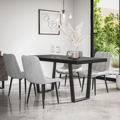 Aria Dining Table And Chairs - Black Table Top w Black Legs + Nova Velvet Dining Chair Set Of 6 (Grey) (1/5)