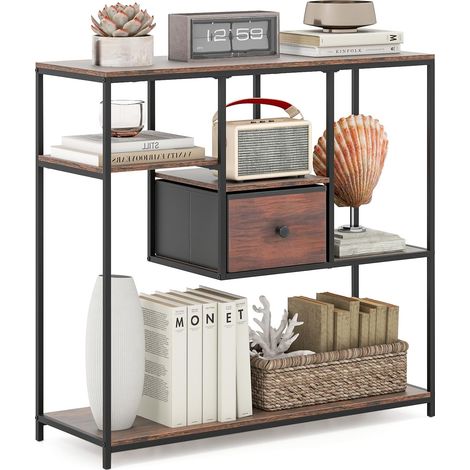 COSTWAY Consolle Ingresso, Consolle a 5 Ripiani con Cassetto in Tessuto, Tavolo d'Ingresso, Soggiorno e Corridoio, 100 x 35 x 95 cm (Marrone Rustico + Nero) (1/5)