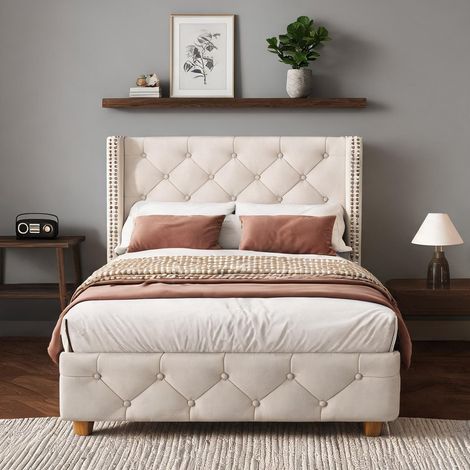Cadre de lit beige en lin 205 x 100 x 108 cm (1/5)