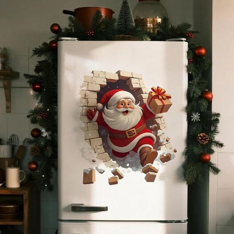 Adesivo murale 3D con Babbo Natale che consegna i regali nella neve con effetto muro rotto - decorazione per la casa (formato 3540 cm, senza fiocchi di neve) (1/2)