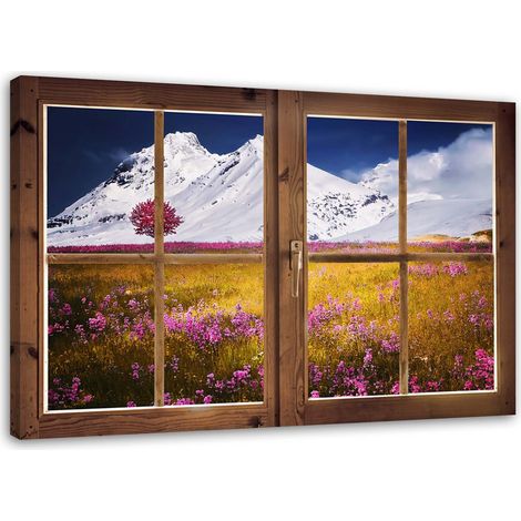 Tableau sur toile Fenêtre vue fleurs nature montagne 90x60 (1/5)