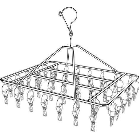 1 Étendoir à linge en acier inoxydable, 50 pinces, crochet pivotant anti-vent, pour chaussettes, sous-vêtements, accessoires de lessive (1/5)