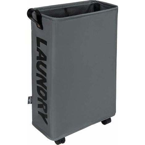 Panier à linge fin avec poignée en cuir sur roulettes (4 couls), bacs de rangement d'angle pliables, panier à linge roulant pliable (gris foncé, fin)