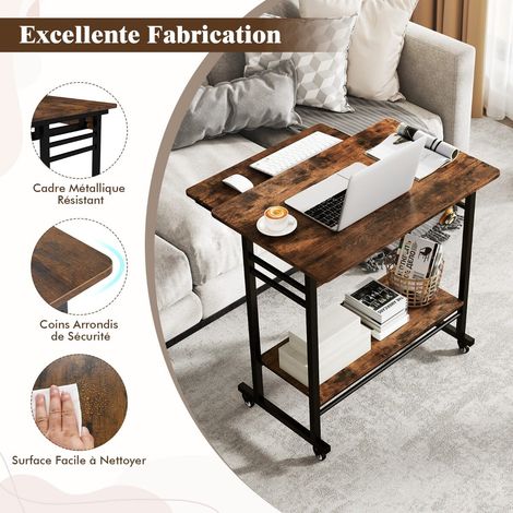 Bureau informatique mobile marron en bois et MDF avec roulettes, tablette coulissante pour clavier et tiroir pour bureau et chambre (1/5)