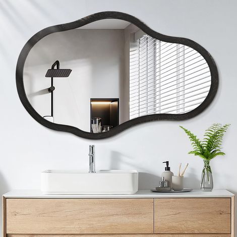 Grand miroir mural asymétrique, bois irrégulier, moderne, unique, ondulé, décoration salle de bain, meuble, chambre, salon, entrée, couloir, noir rétro, 61 x 40,6 (1/5)