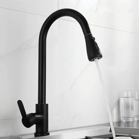 Robinet de cuisine en acier inoxydable 304, mitigeur monotrou avec bec extractible et douchette pivotante à 360° (1/5)