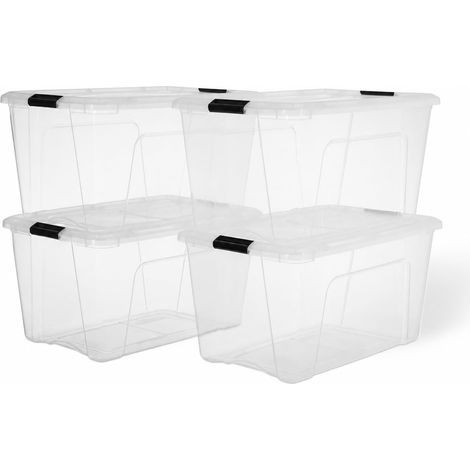 Boite Rangement Plastique avec Couvercle, 45L, Lot de 4, Transparent, Clips de Fermeture, Poignée, Empilable, Organisation Solide et Durable, pour Chambre, Dressing, Bureau, BSB-45 (1/5)