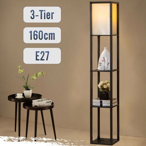 Puluomis Floor Lamp,3-Tier Wooden Shelf,Standing Light with Display Shelves, Black, Without Bulb