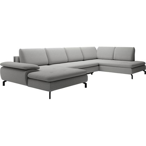 Grand canapé d'angle droit panoramique convertible en tissu texturé gris ARCHIBALD