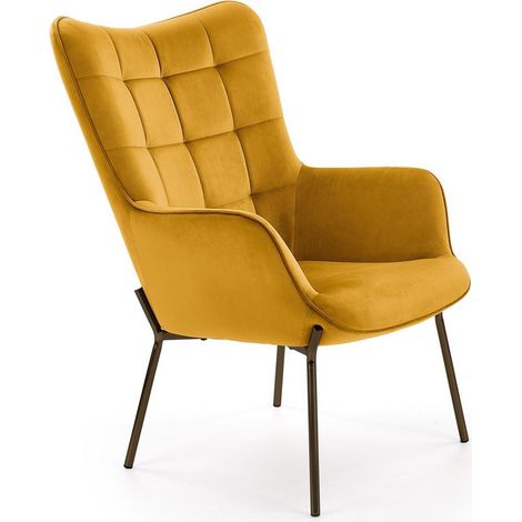 Fauteuil en velours jaune moutarde avec dossier matelassé et pieds noirs en acier GIPSY (1/4)