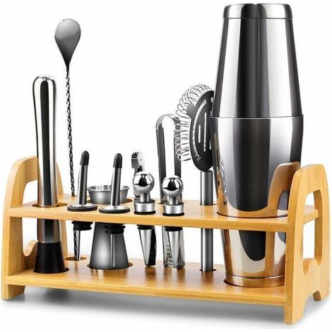 Cocktail-Shaker-Set, 13-teiliges Boston-Shaker-Set aus Edelstahl, mit Shakerglas, Messbecher, Löffel, Ausgießer, Rührstab, Sieb, Zange, Korkenzieher, Ständer usw. (1/5)