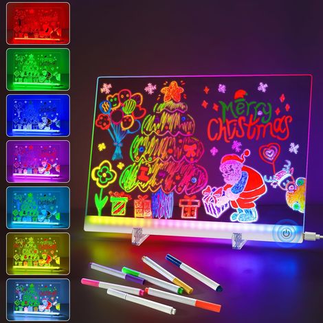 Tableau effaçable à sec en acrylique avec lumière de 7 couleurs, tableau de notes LED tactile de 13,7"x10" avec 4 modes et 7 marqueurs, tableau lumineux de messages pour bureau, tableau de dessin LED (1/5)