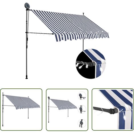 The Living Store Auvent manuel rétractable avec LED 250 cm Bleu et blanc - Auvent Pliable - Auvent Extérieur - Abri Soleil - Protection Solaire - Store Banne (1/5)