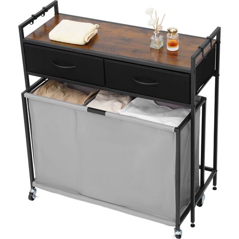 Mophorn Cesta de lavandería con tablero de madera, organizador de ropa de 830 x 320 x 810 mm con 3 compartimentos, ruedas, 2 cajones y ganchos, sistema de organización para baño, color negro