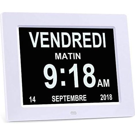 8" LCD Digital Clock Calendar with Date Day and Time Unabbreviated Clock Auto Dimming 8 Languages HD Display Reminder for Alzheimer's The Elderly and Children, White (1/5)