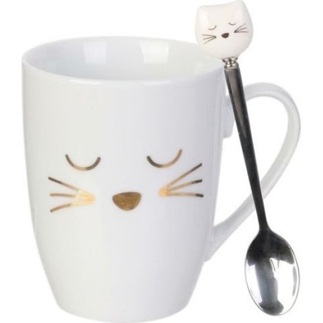 Tasse Céramique - 350 ml - Avec Cuillère Métal - Décor Chat Doré - Pour Adultes (1/5)