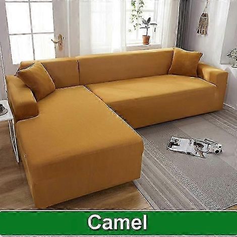 Fester Sofabezug für das Wohnzimmer, elastischer L-förmiger Ecksofabezug, Stretch-Sofabezug (2-Sitzer 140-185 cm Kamel)