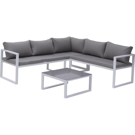 Happy Garden – Salon de jardin modulable 4 places en tissu gris – Structure en aluminium blanc – Coussins épais et déhoussables – Table basse en verre trempé