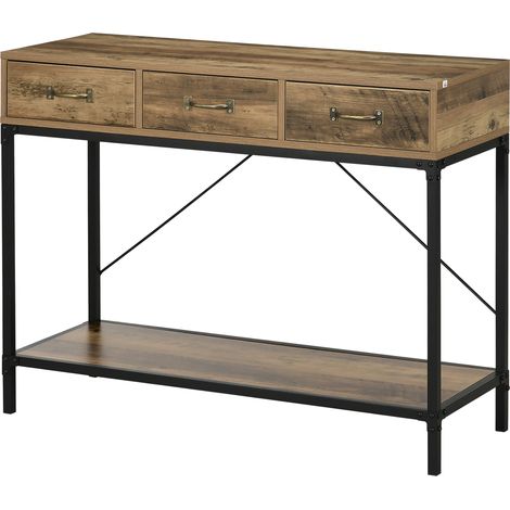 Industrieller Konsolentisch/Beistelltisch für den Eingangsbereich mit 3 Schubladen und einer Tischplatte in Holzoptik, 100 x 35 x 76,5 cm, hellbraun/schwarz