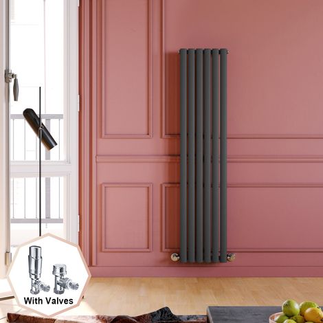 ELEGANT 1600 x 360 mm Anthracite Modern Tall Bar Rads Efficient Radiator Single Designer Oval Panel Heater Radiators + Chrome Thermostatic Radiator Valves (1/4)