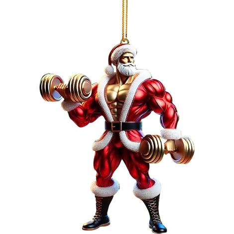 Ornement De Noël En Acrylique - Santa Musclé Thème Sport - Décoration Arbre De Noël Plate - Lot De 1 Pièce (1/5)