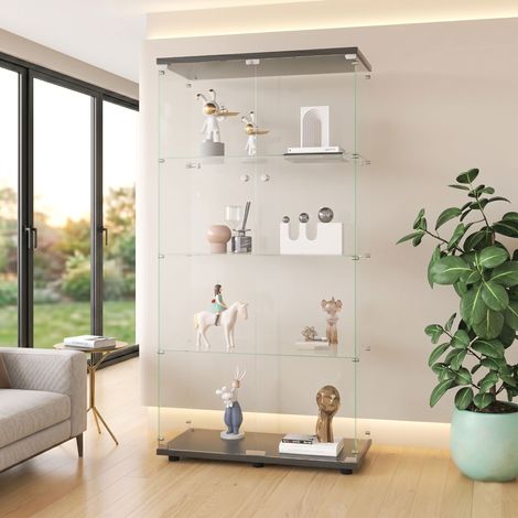 Vitrina de cristal - Vitrina moderna de cuatro niveles con 2 puertas - Cristal templado - Negro